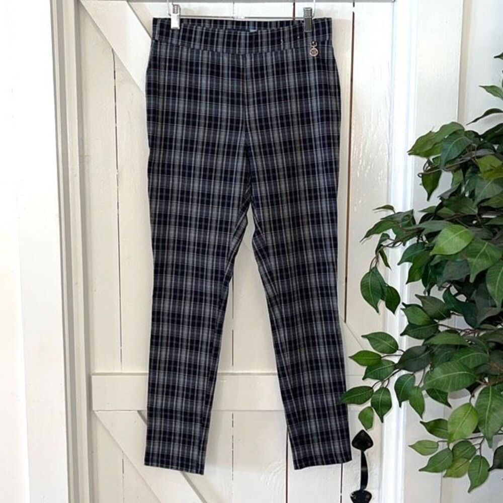 Tommy Hilfiger Womens Plaid Flat Front Trouser Pants Navy White Size 10